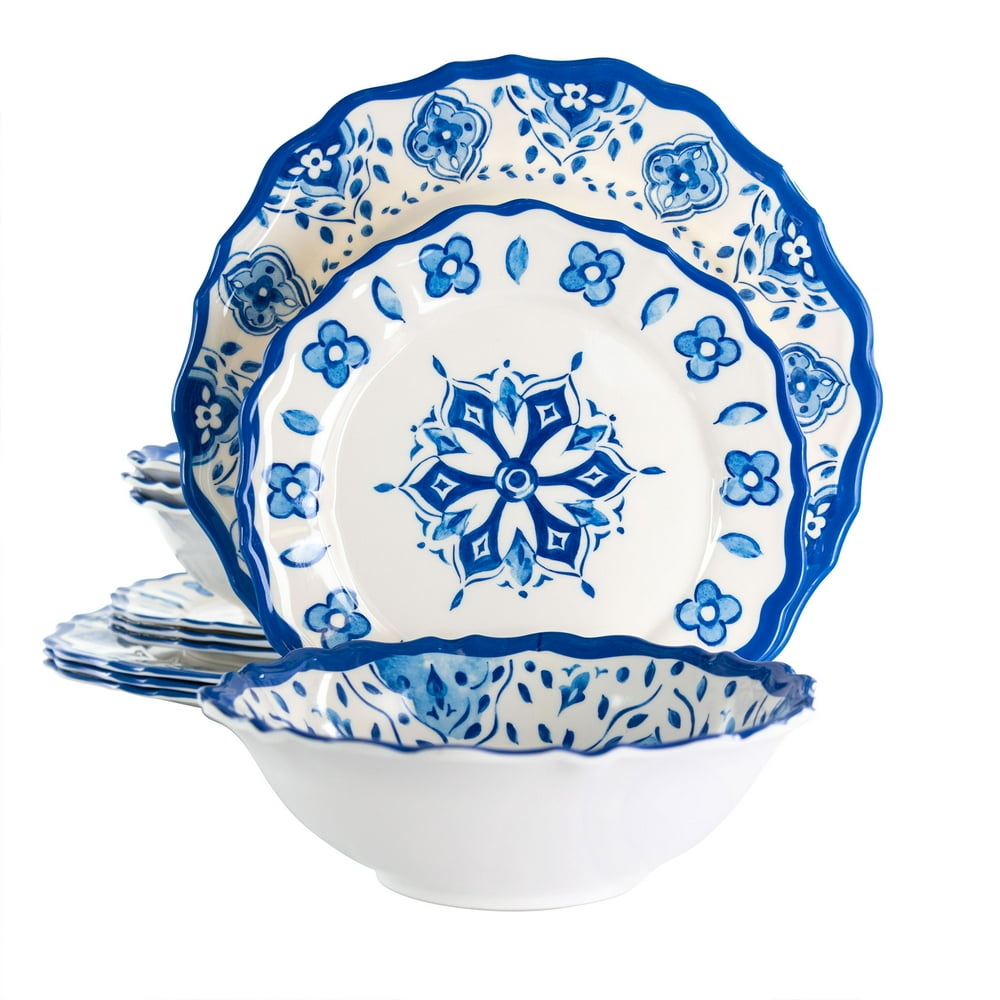 Elama Blue Garden 12 Piece Scalloped Lightweight Melamine Dinnerware