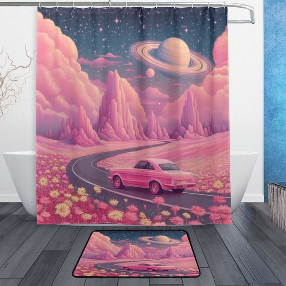 Bath Curtain & Non-Slip Bath Mat Set 12-Grommet Shower Curtain Memory Foam Bath Rug A Pink Landscape