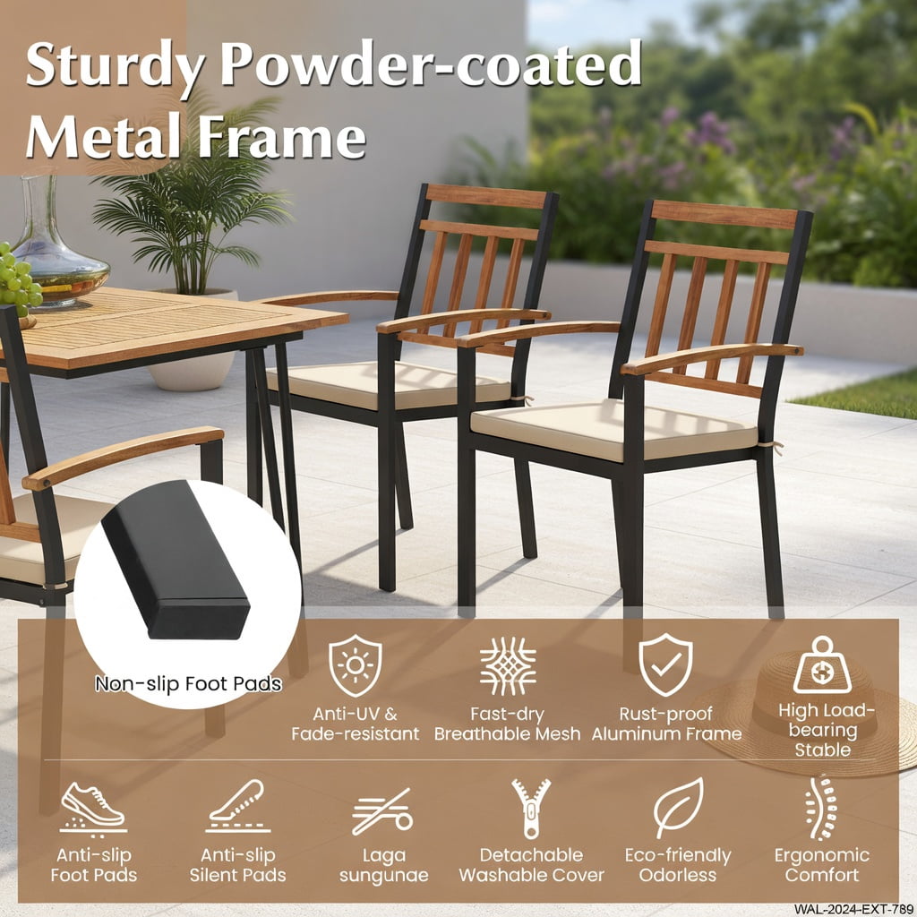 Hommoo 2-Pack Modern Patio Dining Chairs with Removable Cushions, Acacia Wood Outdoor Chairs, Ergonomic Design, Easy-Clean Fabric Seats, Black & Natural