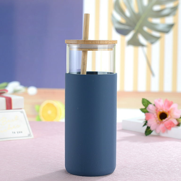 1pc Glass Tumbler, Minimalist Wooden Lid Drinking Cup With Straw