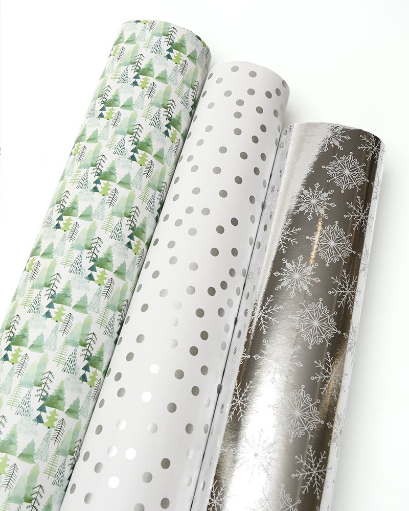 Roobee Silver Metallic'S & Holiday Trees Wrapping Paper 3 Pack