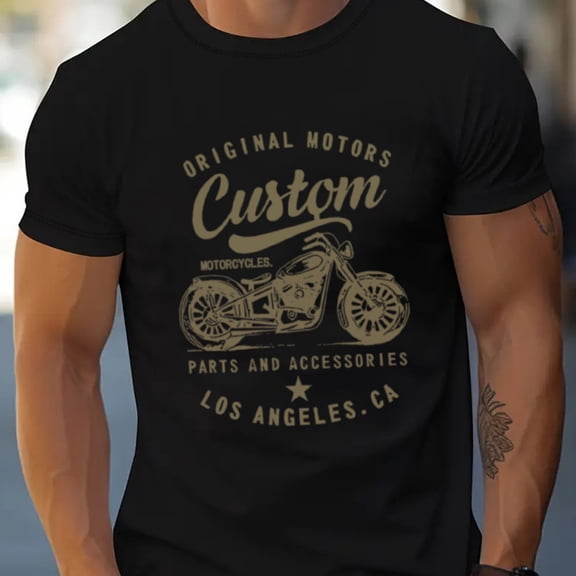 Men's 100% cotton fashionable casual loose oversized retro motorcycle pattern printed round neck short sleeved t-shirt