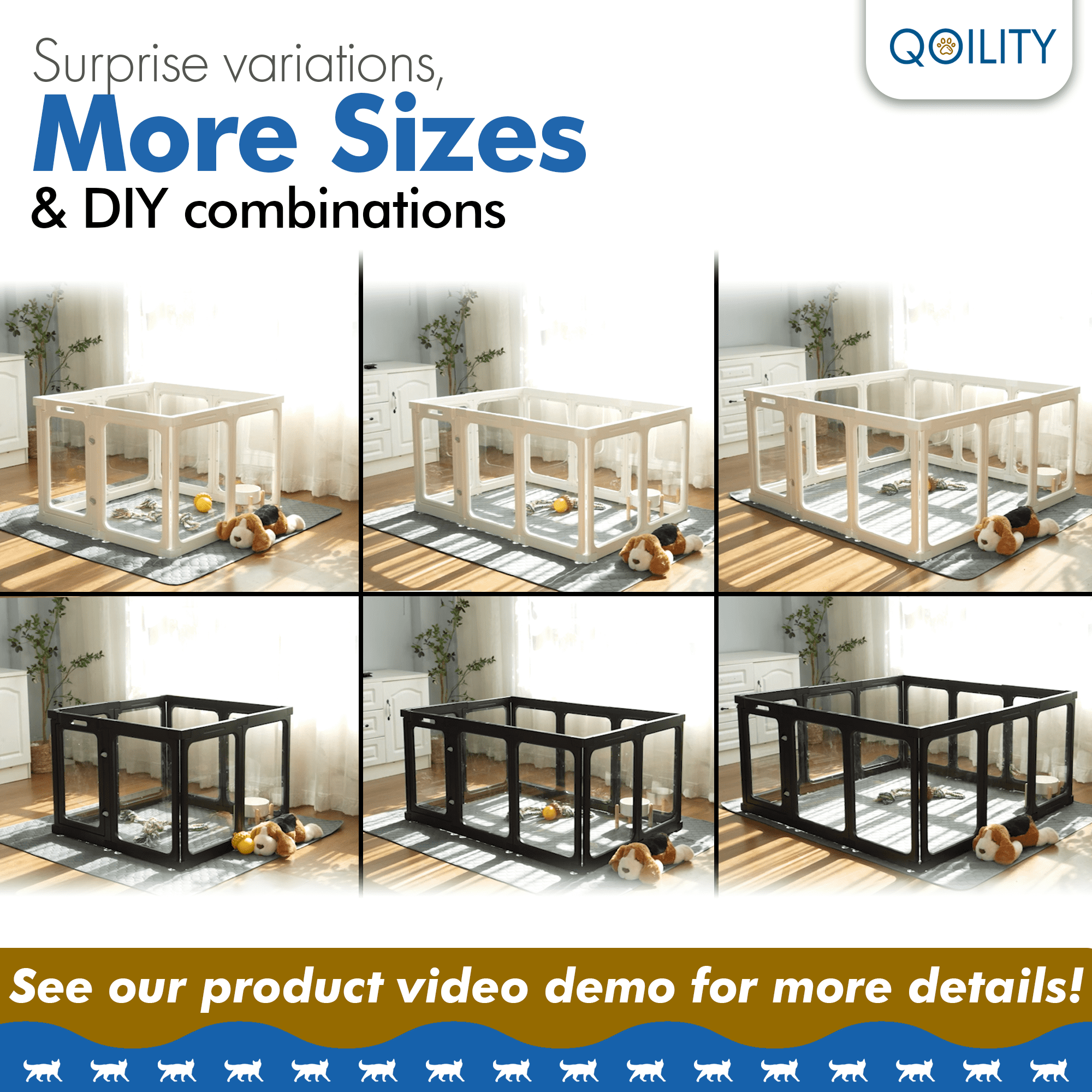 Qoility Clear Dog Playpen with Toilet for Puppies & Small Dogs, Height 24 Inch, 8 Panels, Black