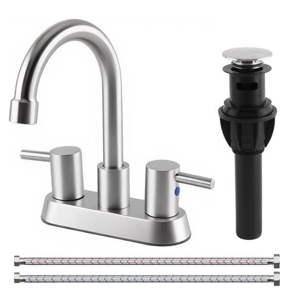 Aovky Bathroom Faucets 4 Inch Centerset, 2 Handle Brushed Nickel Bathroom Sink Faucet for 3 Hole Vanity with Pop-Up Drain Stopper and Supply Hoses