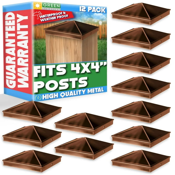 GreenLighting 4x4 Aluminum Pyramid Post Cap Cover (Brown 12 Pack) Fits 4x4 Nominal Wood (True 3.5 x 3.5) Powder Coated Matte Outdoor Post Caps Cover, Fence Wood Post, Decking, Waterproof