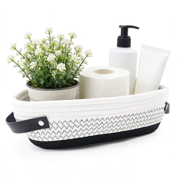 Cotton Rope Woven Toilet Paper Basket Holder, Farmhouse Bathroom Storage Organizer, Black, 13" x 5.9" x 4"