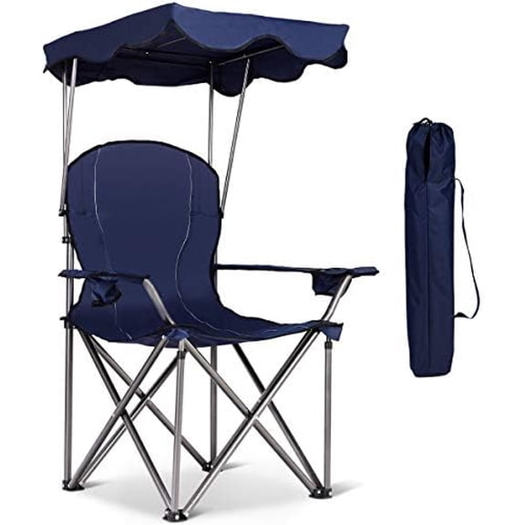 Camping Chair with Canopy Shade, Folding Lawn Chair with Umbrella Cup Holder & Carry Bag, Portable Sunshade Chair for Adults for Beach Outdoor Travel Hiking Fishing (Blue)