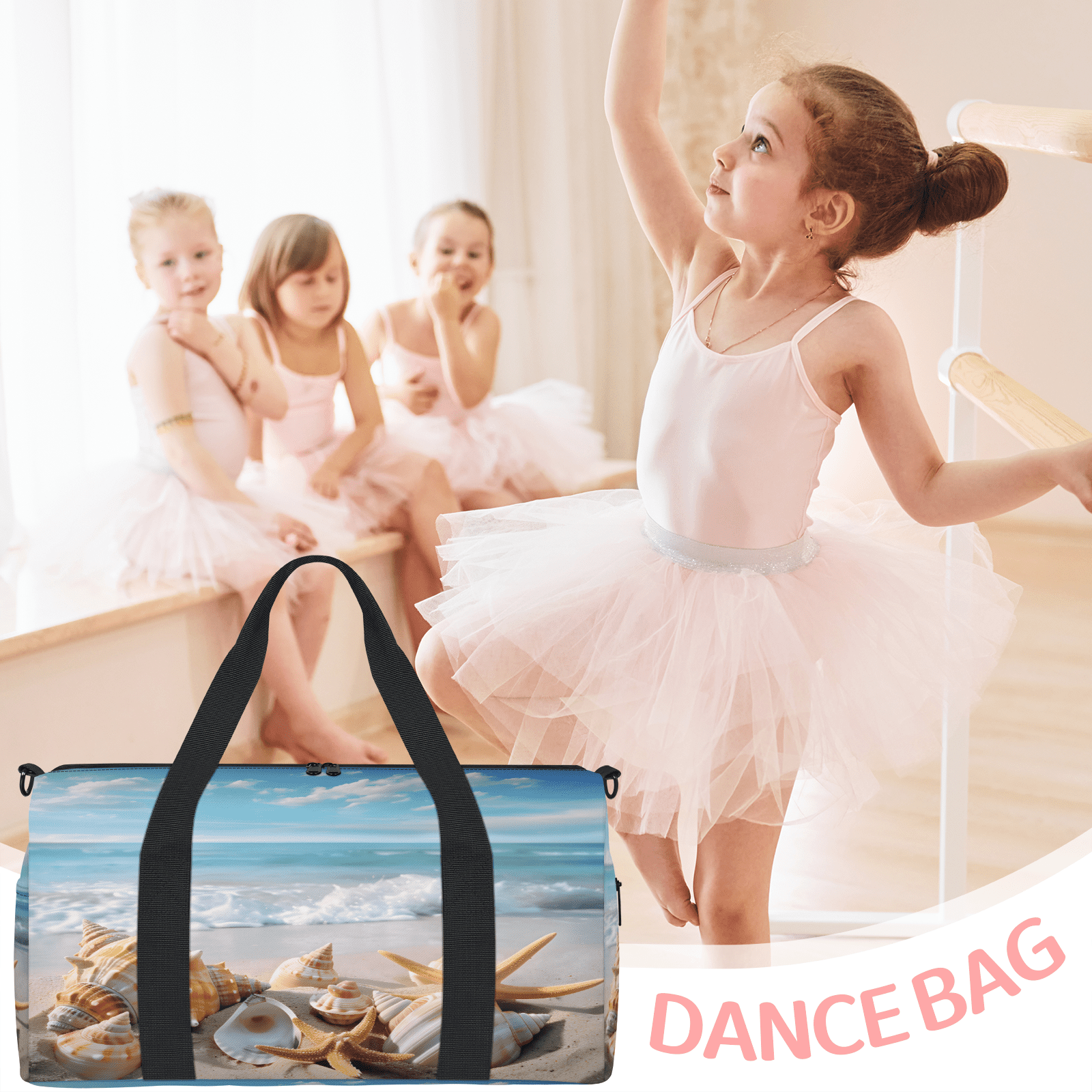 Herdesigns Starfish Beach Theme Gym Bag for Women, Duffle Bag for Travel Sport, Lightweight Waterproof Carry on Weekender Overnight Dance Yoga Workout Bags