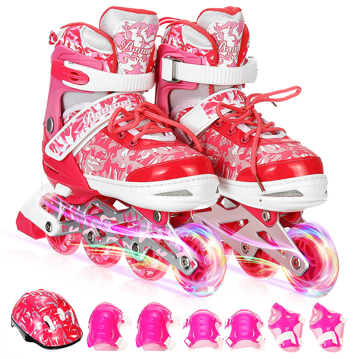 Pink Girls Inline Skates 4 Size Adjustable with Full Light Up Wheels,Fun Illuminating Roller Skates Blading for Kids and Youth,Men and Women 