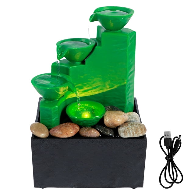 Tabletop Fountain Small Waterfall Meditation Zen LED Light Indoor Desktop Relaxation Decor (green )