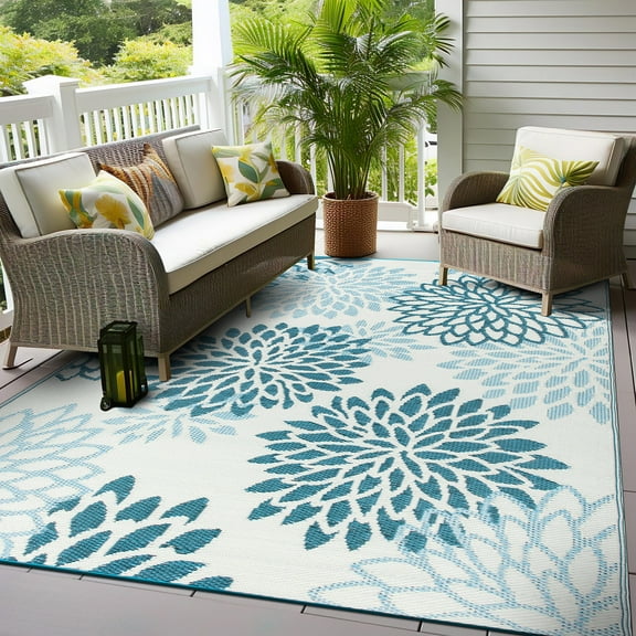 World Rug Gallery Modern Floral Aloha Reversible Recycled Plastic Outdoor Picnic Mat, Camping Rug, RV Rug - BLUE 5'x7'