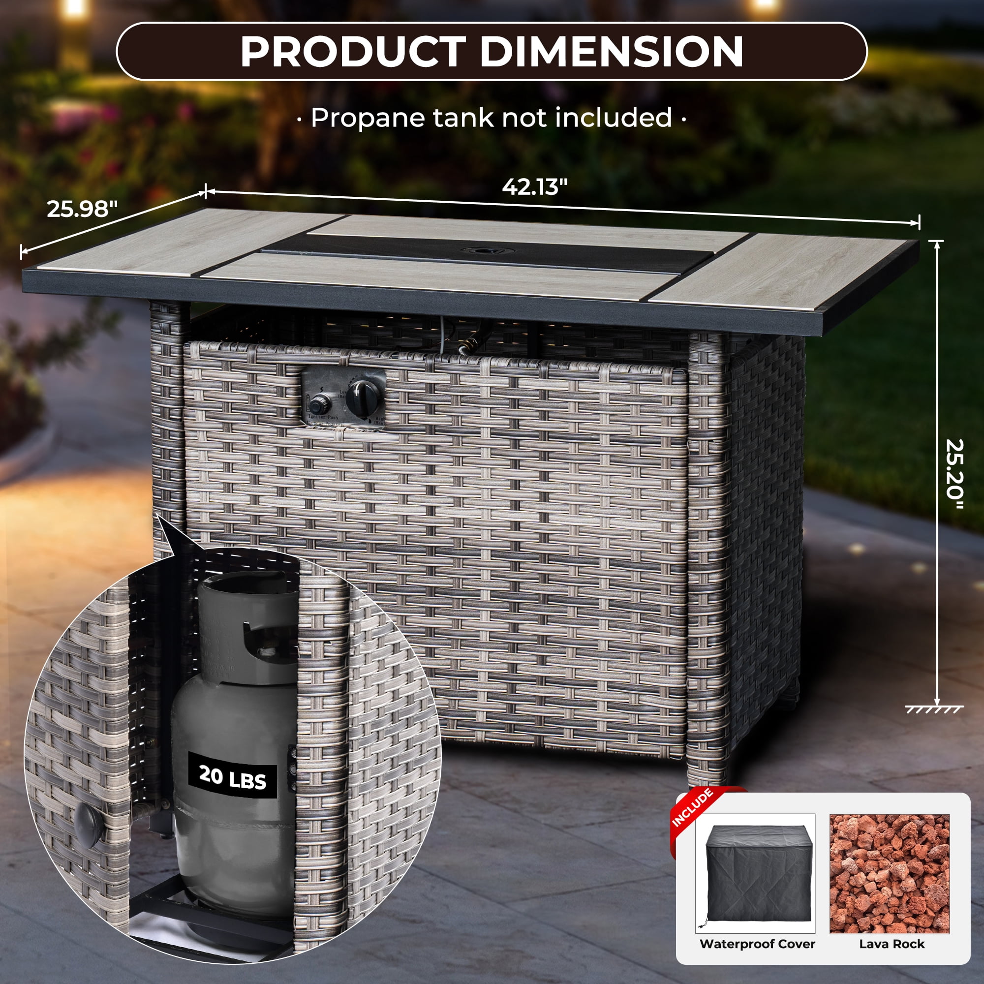 Ovios 42 Inch Propane Fire Pit CSA-Listed Outdoor Fire Pit Table, 50,000 BTU Wicker Gas Fire Pits for Outside with Lid and Lava Rock on Patio Deck Garden Backyard