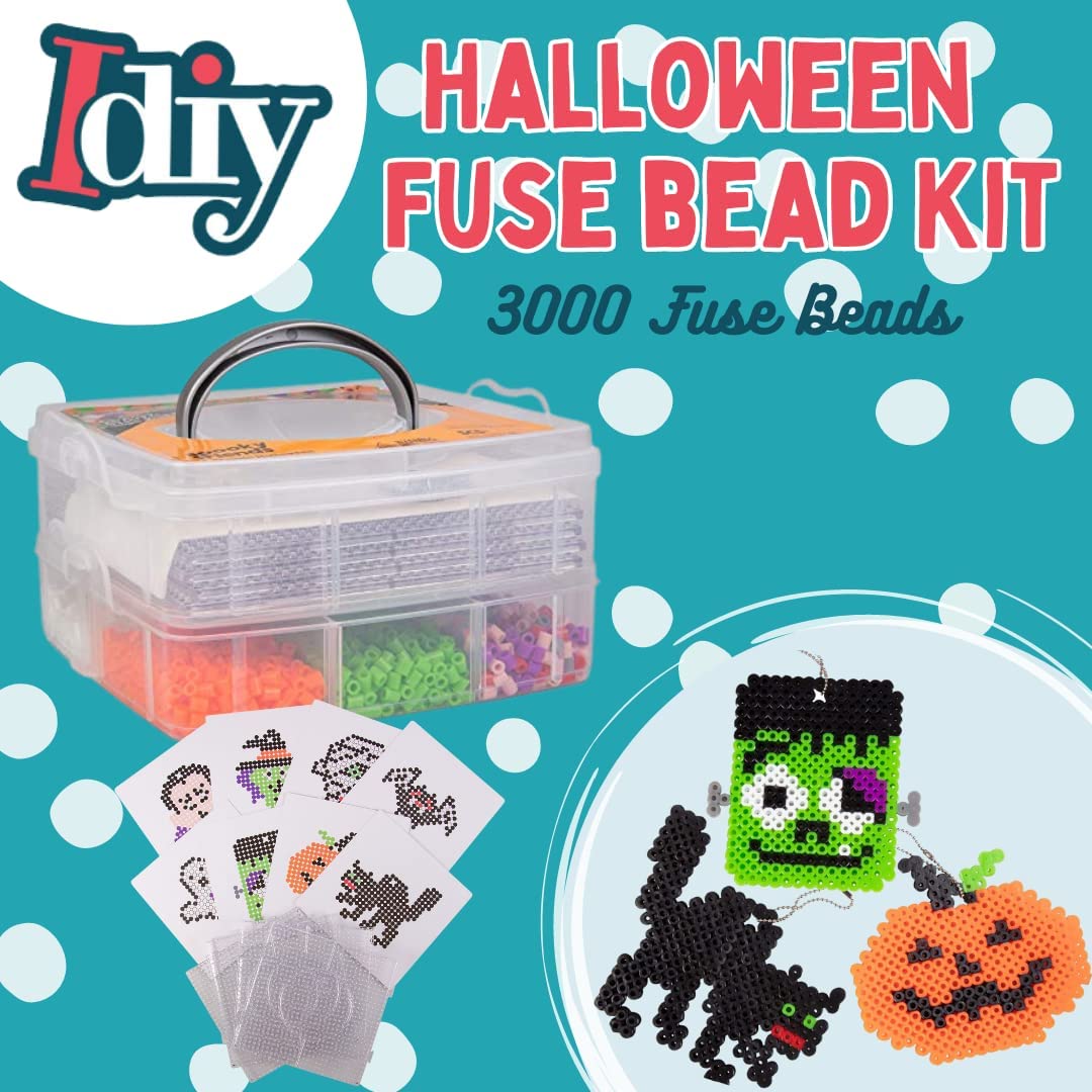 3000 Pc Monster Fuse Bead Kit w 8 Keychains w Case- Ghost, Witch, Vampire - Ornaments & Decorations - Kids DIY Bulk Craft Toy Gift - Indoor Birthday Party Activity