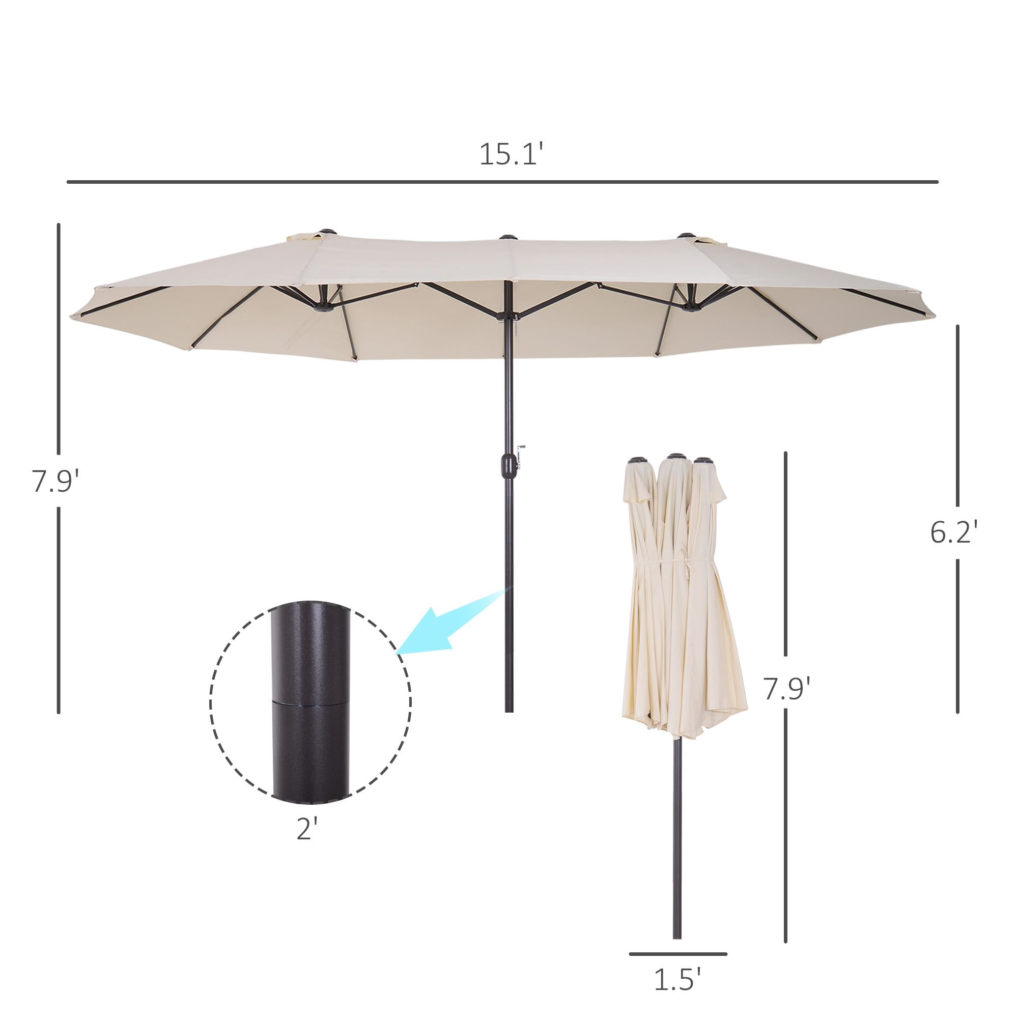 Outsunny 15ft Double-Sided Patio Umbrella, Extra Large Cream White Market Parasol with Crank Handle, UV Resistant Polyester & Steel Ribs for Backyard, Deck, Pool, and Garden