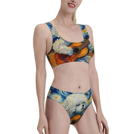Uemuo Dog Guitar Starry Night Printed Women s High Waisted Bikini Sets Sporty Two Piece Swimsuits Color Block Cheeky High Cut Bathing Suits-Medium
