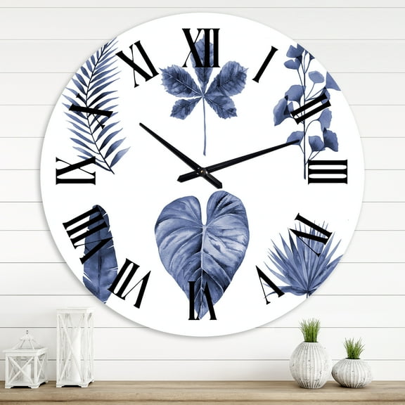 Designart 'Abstract Blue Set Of Plant Leaves' Traditional Wall Clock