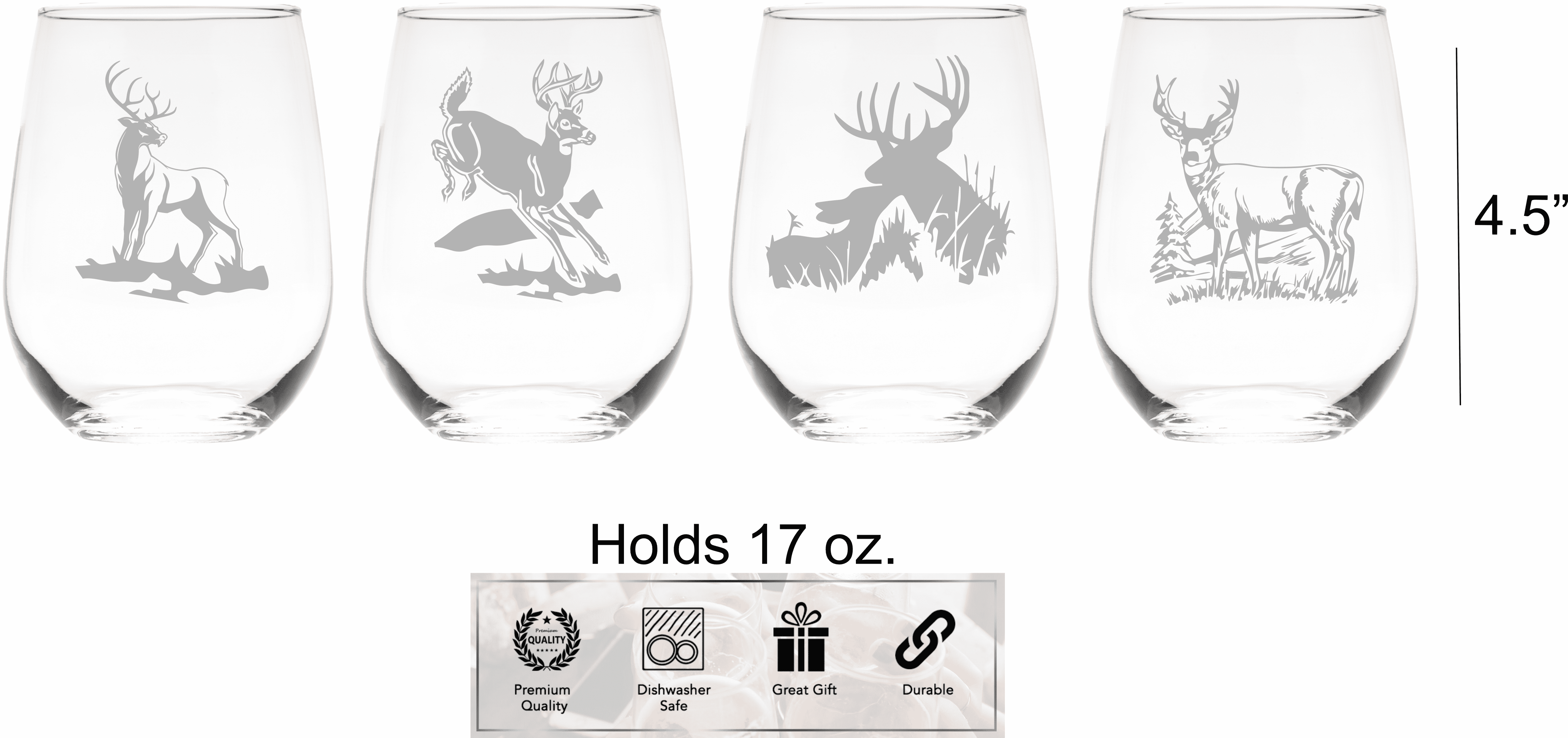 Deer 17 oz. Stemless Wine Glasses Set of 4