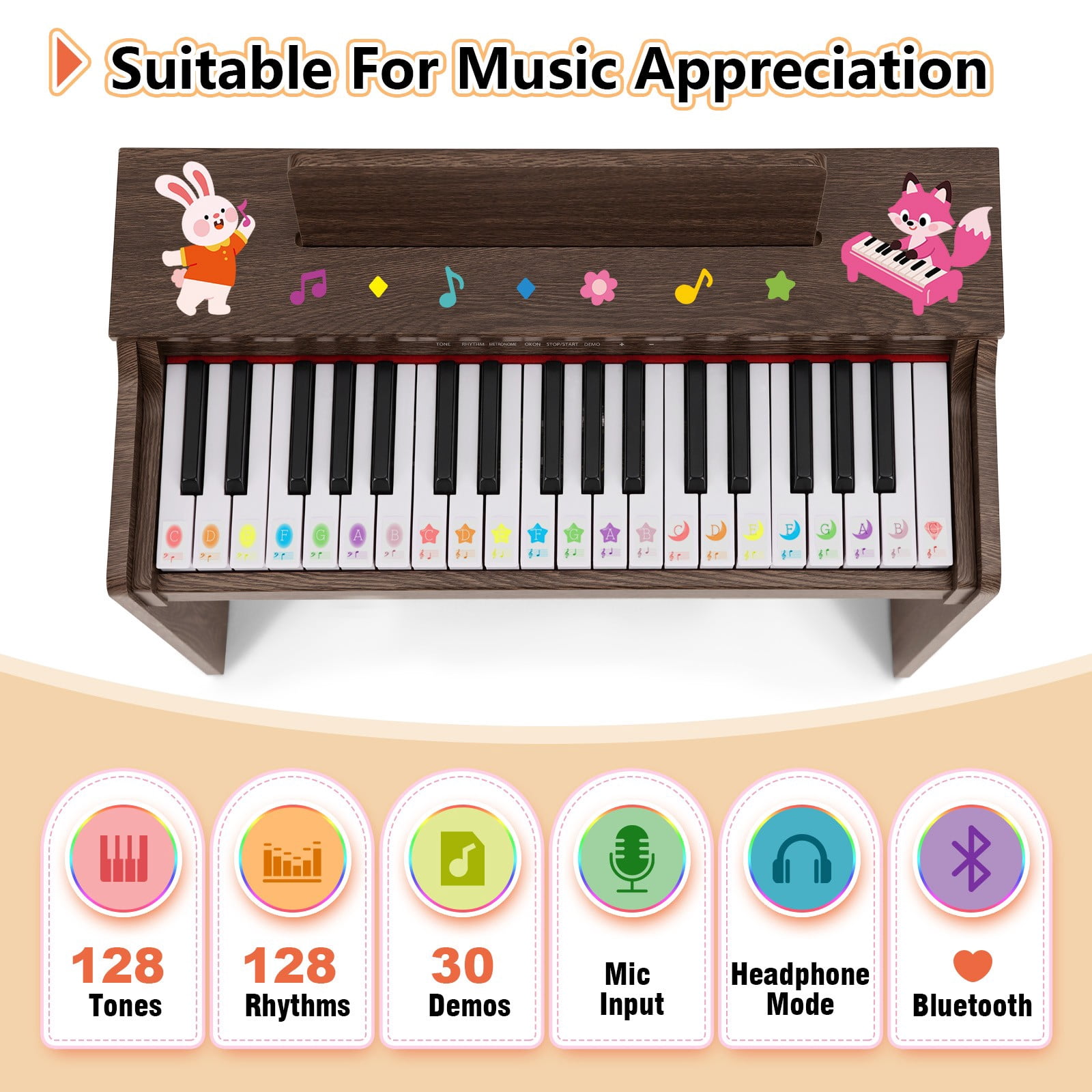 Brown 37Keys Kids Digital Piano Keyboards Wooden Toys Toddler Gifts for Music Education w/Bench,Stickers