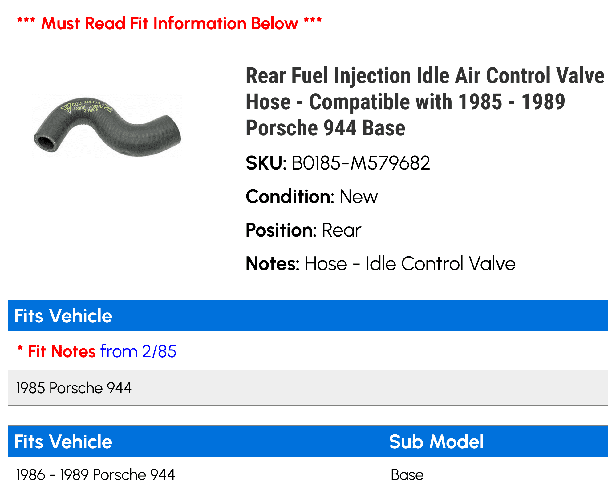 Rear Fuel Injection Idle Air Control Valve Hose - Compatible with 1985 - 1989 Porsche 944 Base 1986 1987 1988