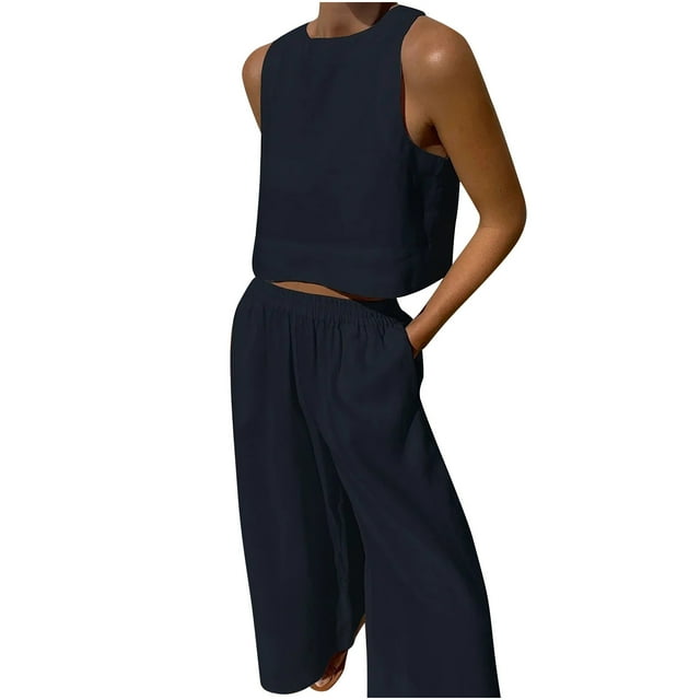 Tenues Décontractées pour Femmes Ensemble Deux Pièces en Lin Ensemble de Vêtements pour Femmes Haut Sans Manches à Col Rond Ensembles de Pantalons Style Pantalon Décontracté S_856 Survêtements pour Femmes Bleu Marine P