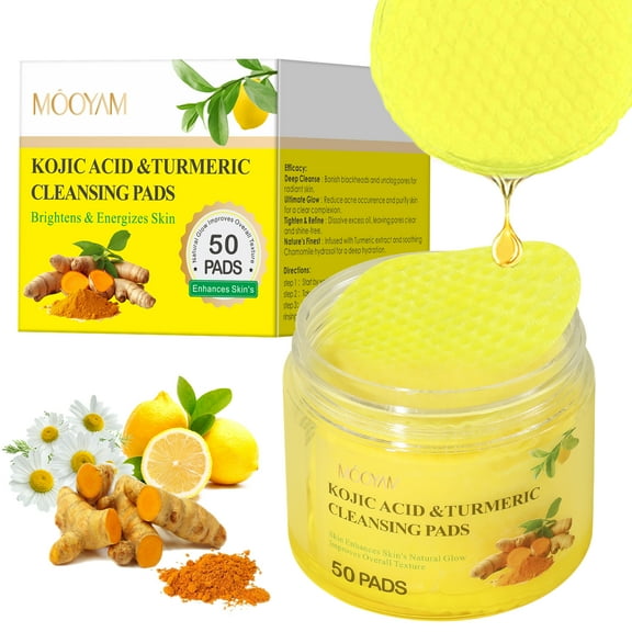 Mooyam 50 Pads Kojic Acid & Turmeric Cleansing Pads-Cleanses Pores, Exfoliates, Removes Dirt and Makeup, Facial Cleansing Pads for Women & Men