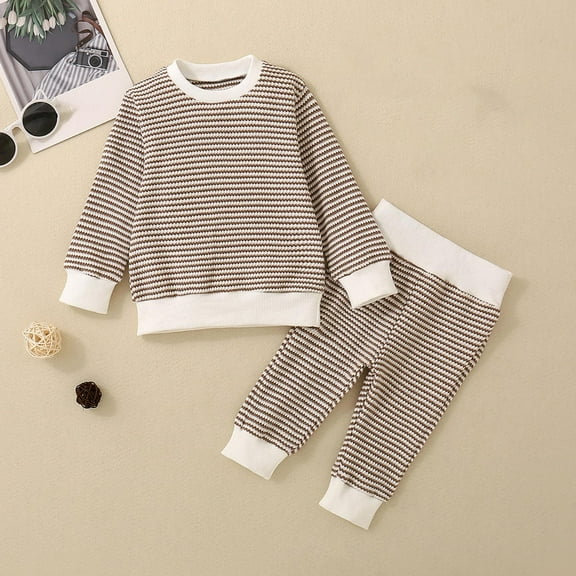 SGFCWSX Girls Casual Outfits Baby 2 Piece Set Striped Shirt and Jogger Pants Sets Brown Size 18 Months