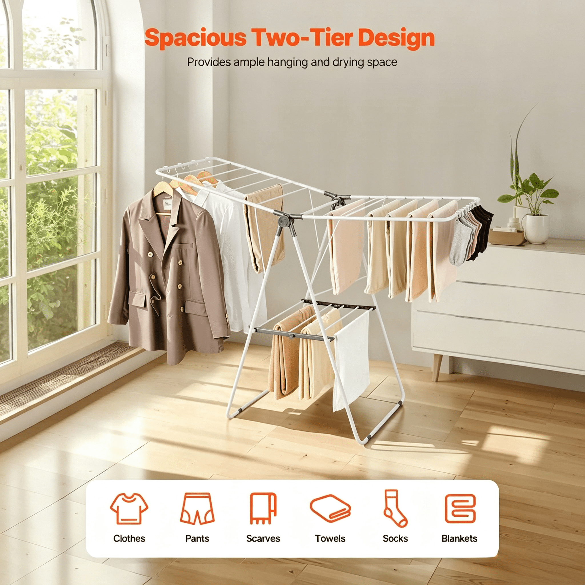 Adjustable Clothes Drying Rack, 2-Tier with 21 Hanging Rods, 22 lbs Capacity, Foldable, Sock Clips, for Laundry Room Balcony