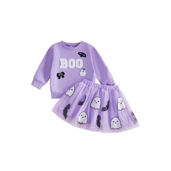 RUINIXCW Toddler Baby Girl Halloween Outfit Infant Baby Girls Fall Winter Clothes Cute Pumpkin Ghost Embroidery Long Sleeve Sweatshirt with Tulle Tutu Skirt 2Pcs Set