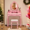 thumbnail image 2 of Alohappy Makeup Vanity Set with Oval Mirror & Stool for Girls, Vanity Table and Cushioned Stool Set with 4 Drawers, Wood Dressing Table for Bedroom, Pink, 2 of 9