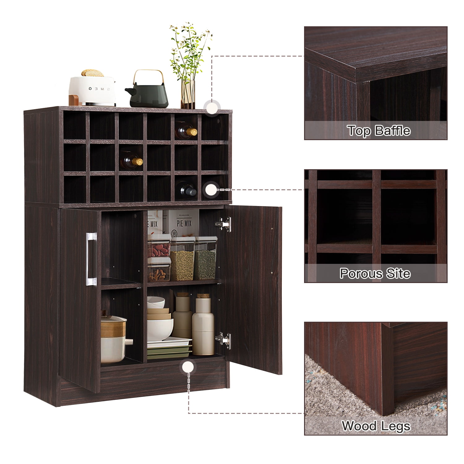 Kadyn Modern Wine Rack Bar Cabinet, Fiberboard Wine Bar Cabinet for Home Bar, Mid Century Bar Cabinet with Storage Space, Walnut
