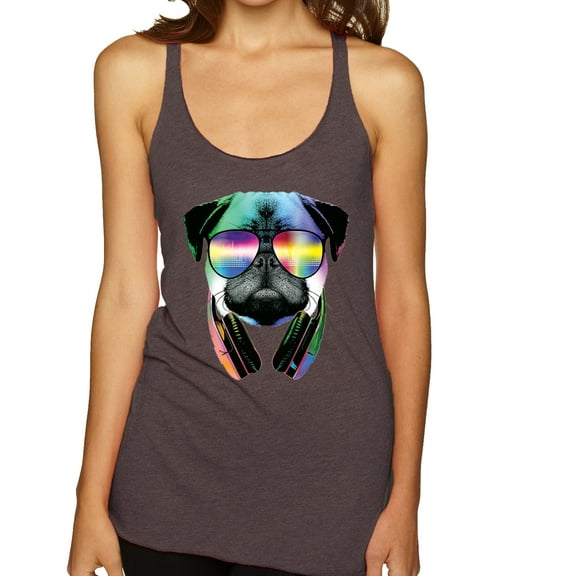 Wild Bobby, Colorful Pug DJ, Pop Culture, Women Tri-Blend Racerback Tank Top, Brown, Small