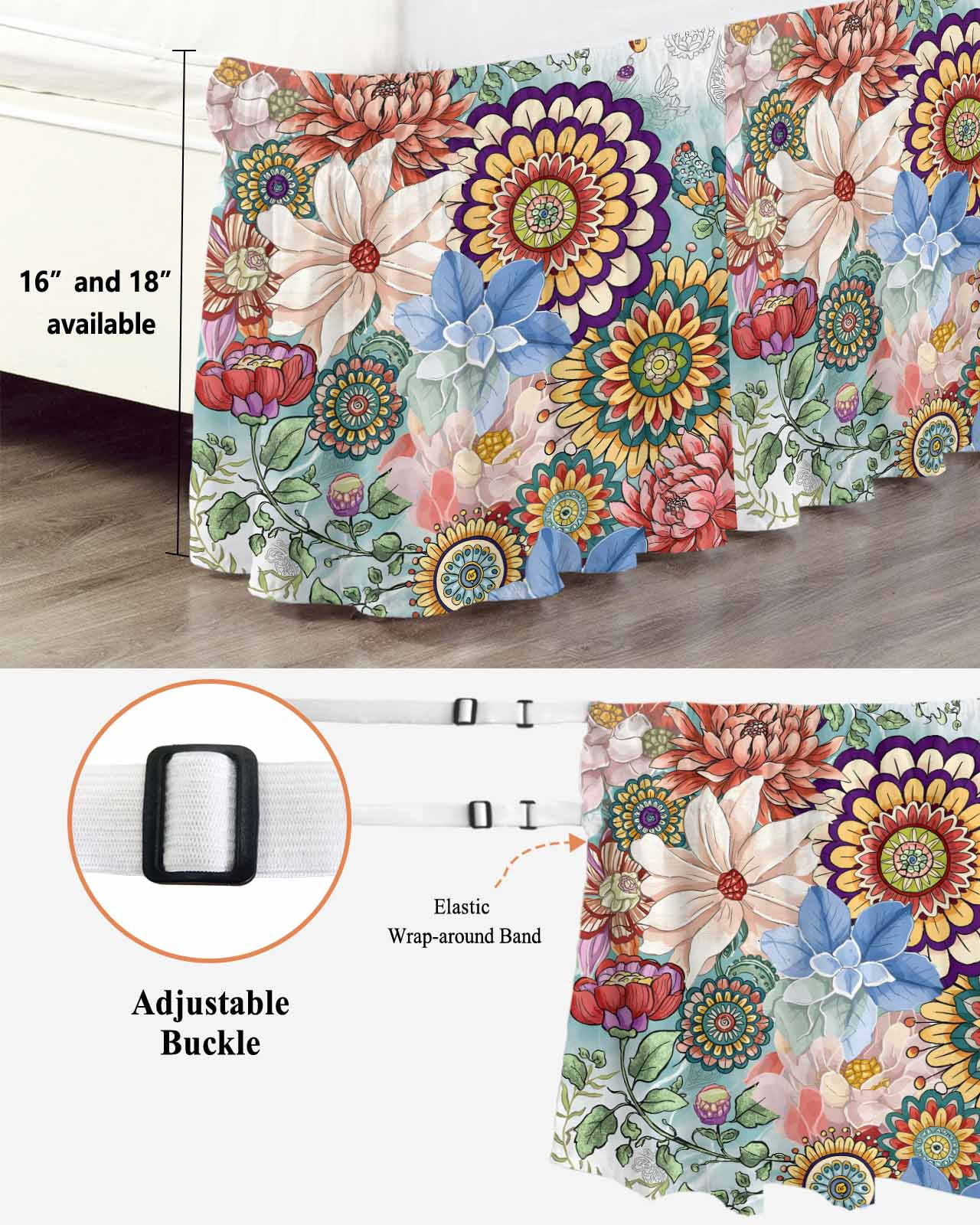 Boho Floral Bed Skirt Queen Size, Bohemia Colorful Mandalas Botanical Flower Wrap Around Bed Skirting with Adjustable Elastic Strap, Dust Ruffle Pleated Bedskirts 16 Inch Drop for Bedroom Queen Beds