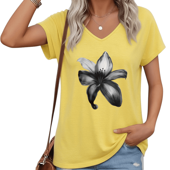 UNISHE Women Black And White Watercolor Lily V Neck Short Sleeve T Shirt Vintage Floral Graphic Casual Loose Fit Top S-5XL