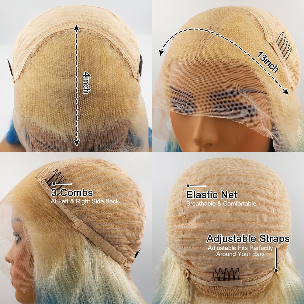 Mscathy Ombre Honey Blonde Blue Colored Brazilian Human Hair Lace Front Wig Bleached Knots Body Wave Remy Hair 180% Density 13x4 Lace Frontal Wigs For Women Party Vacation
