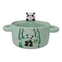 Green Curious Panda Bear Donburi Ramen Soup Bowl With Glass Lid And Handles