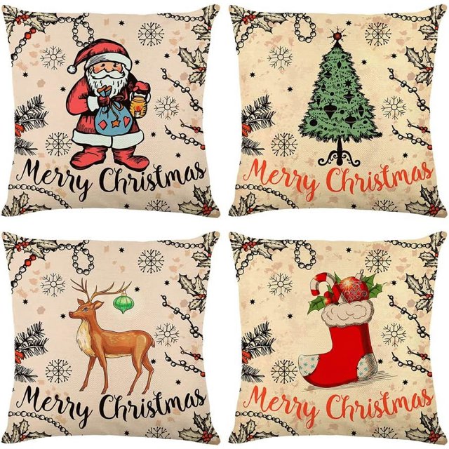 Juego de 4 fundas de almohada navideñas de 18 x 18 pulgadas, decoración vintage de granja, fundas de almohada de invierno para sofá, decoración del hogar
