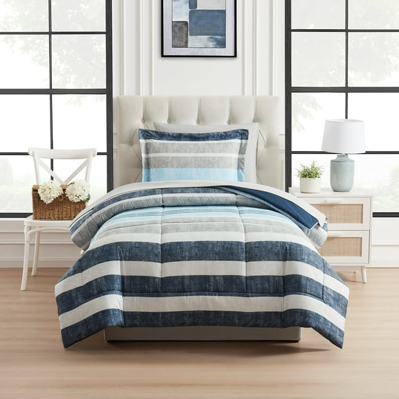 Mainstays All in One Reversible Comforter and Sheet set- 5 Piece, Twin, Blue Stripe