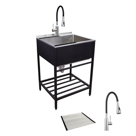 Transolid 25-in. Stainless Steel Laundry Sink with Wash Stand Black