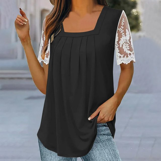CHUANK Womens Short Sleeve Tops Spring Blouse Tunic Ruffle Layered Retro Vintage Floral Curvy Hem Shirts Puff Sleeve Short Sleeve Tees Pullovers V Neck Tshirts Loose Fit Outfits