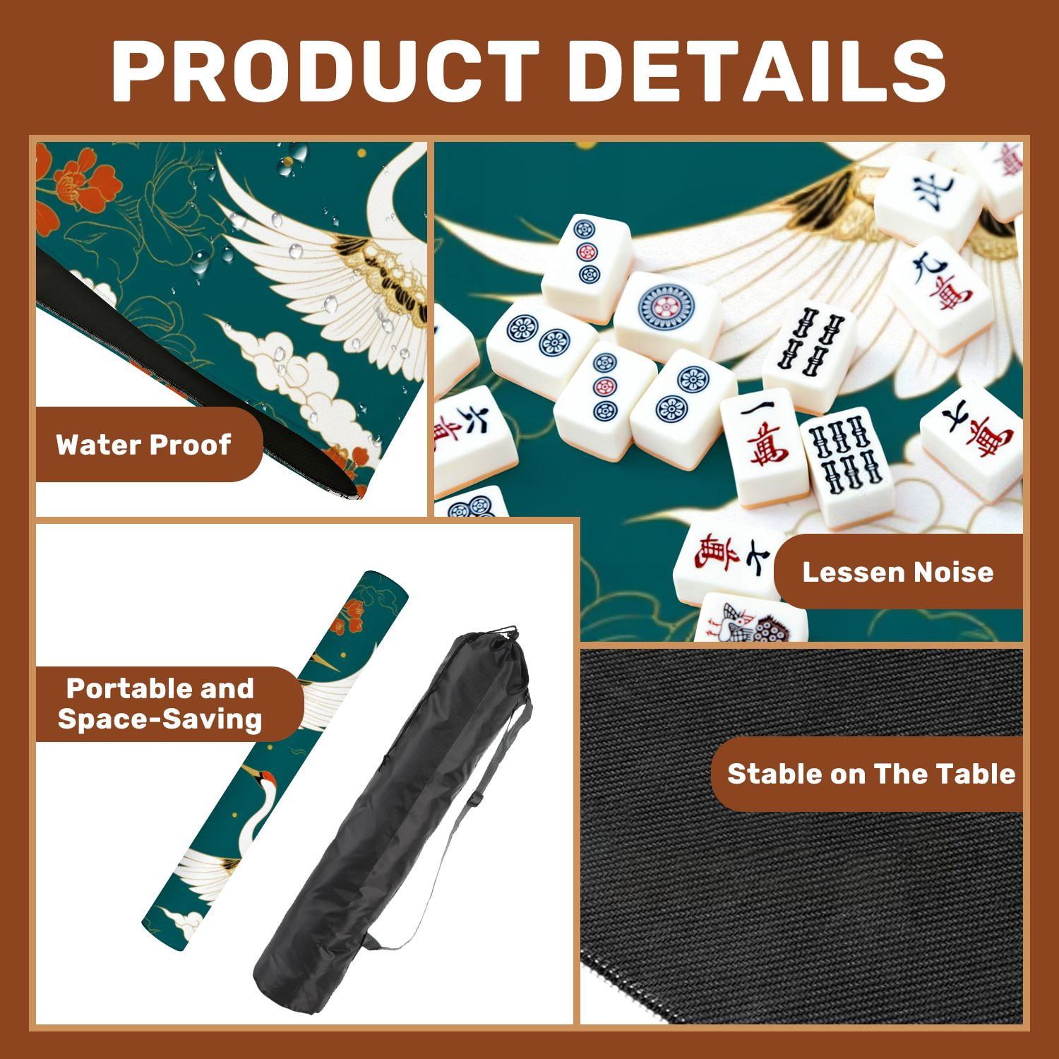Mahjong Mat 31.5" x 31.5" Elegant Cranes Flight Floral Motif Teal Non-Slip Noise Reduction American Mahjong Tiles Table Cover for Dominoes Poker Card Board Games Gift