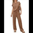 thumbnail image 3 of Conjunto Informal de Dos Piezas de Punto Acanalado para Mujer, Camiseta de Corta y Pantalón , Ideal para el Hogar y para Viajes Marrón XXL, 3 of 6