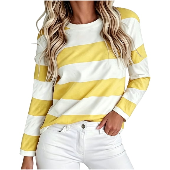 NominalSnug Long Sleeve Tops for Women Striped Crewneck Shirts Loose Fit Fall Winter Blouses