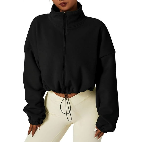 Women's Full Zip Fleece Short Jacket Warm Winter Long Sleeve Stand Collar Sherpa Crop Coat