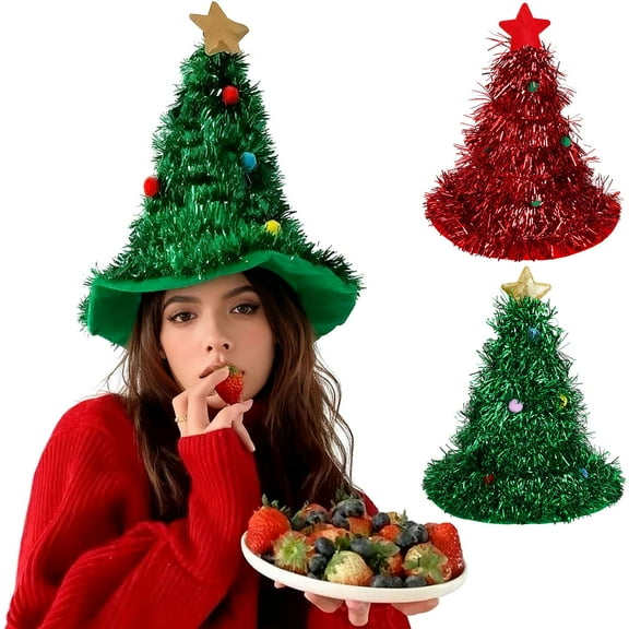 BadPiggies Christmas Tree Hat - Top Star & Glitter Tinsel Cute Pompoms Felt Party Hat Holiday Headgear (Green)