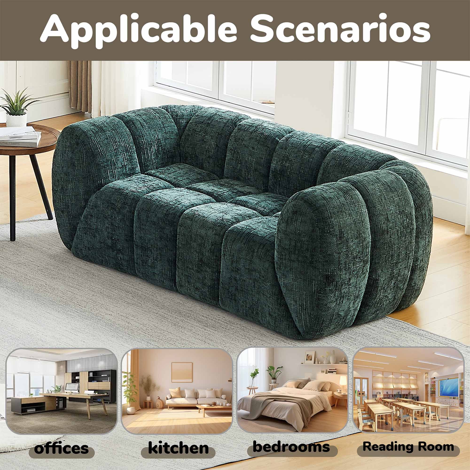 Lunale Small Boneless Sofa, No Assembly Required, 2-Seater Cloud Couch for Living Room, Apartment, Green Chenille