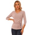 thumbnail image 1 of Top acanalado Allegra K de decoración de botones con cuello en V y mangas 3/4 Beige, 1 of 5