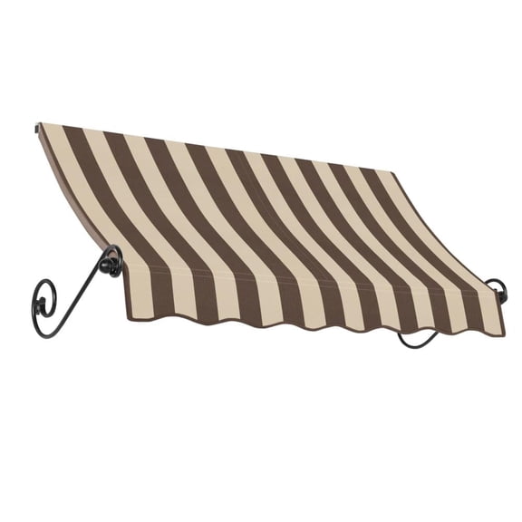 Awntech 5.38 Ft Charleston Sloped Fixed Awning with Scrolled Iron Arms (64.5in x 36in x 24in), Brown/Tan Stripe