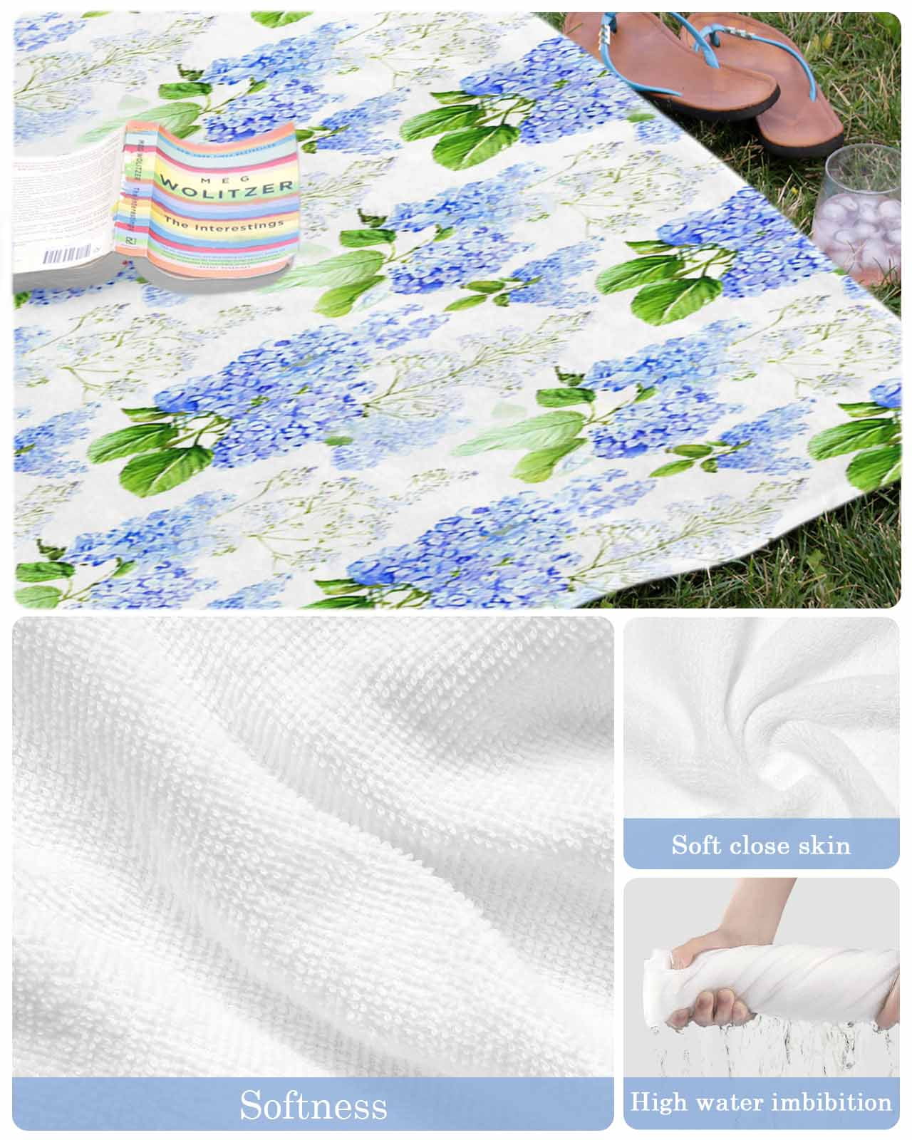 Summer Hydrangeas Beach Towels Oversized Super Absorbent, White Blue Flowers Pastoral Leaves Lightweight Bath Towel Quick Dry Sets For Bathroom/Pool/Rv Camping/Beach Play/Gym Room/Picnic 30"x60"