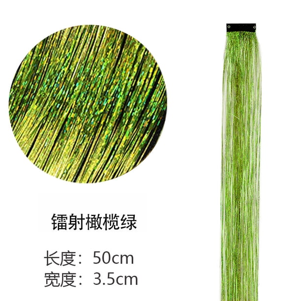Xiao Hua Juego de 8 extensiones de cabello con clip, brillantes y con destellos de oropel, para fiestas, con mechas multicolores, color verde oliva.
