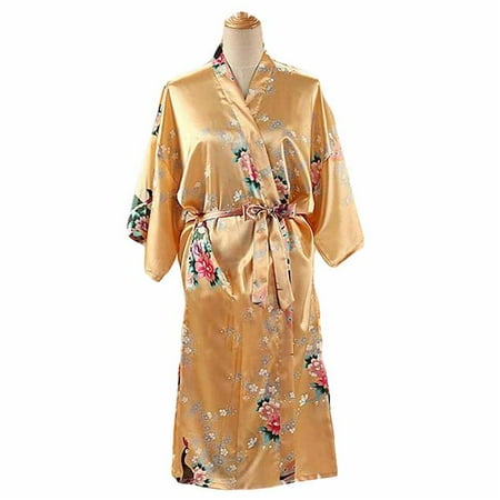 

Panda Superstore PL-HOM3737861-DORIS00028 Peacock & Blossoms Womens Long Bathrobe Kimono Robe Silk-Like Pajamas Yellow